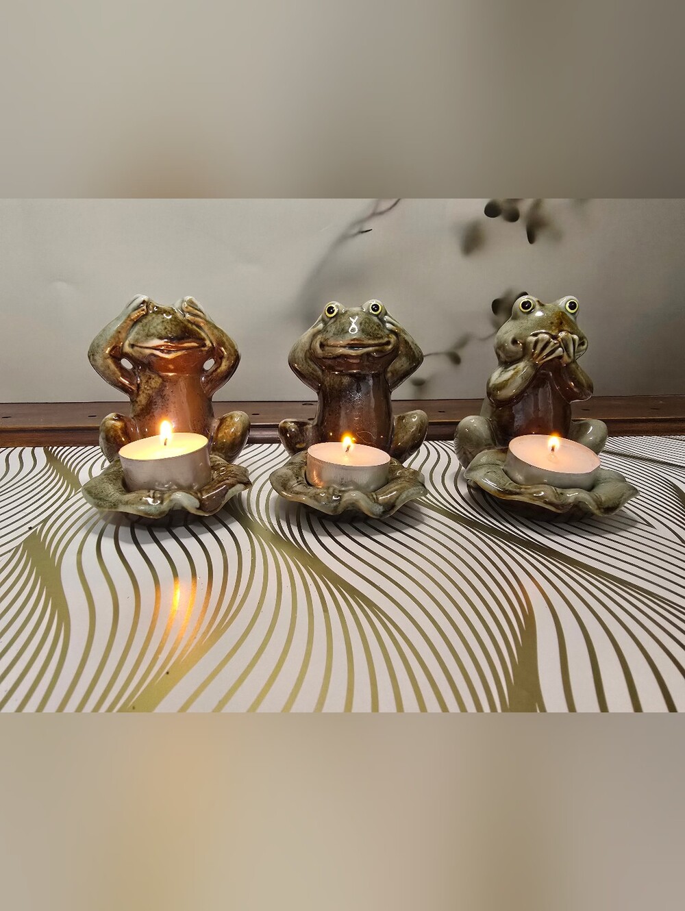 Ceramic Three Wise Frogs Tea Light Candle Holder Set - Hear See Speak No Evil